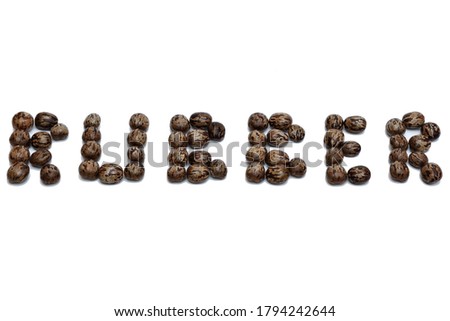Rubber seed (Hevea brasiliensis) are arranged into the words "rubber" on a white background.