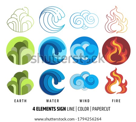 Four element icon in line art, flat, paper cut design. With earth, water, wind ,fire sign.