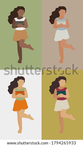  Vector image of a girl in a beautiful hat and a bright dress. This image is a concept of community and people togetherness. Clip-art is made in cartoon style showing the character of the child.