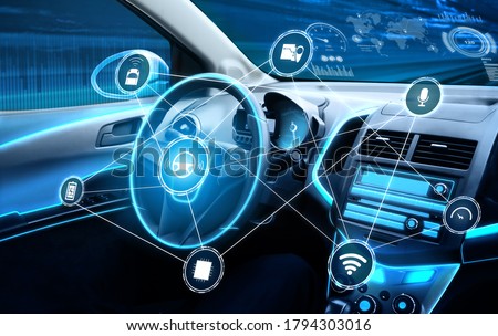 Driverless car interior with futuristic dashboard for autonomous control system . Inside view of cockpit HUD technology using AI artificial intelligence sensor to drive car without people driver . Royalty-Free Stock Photo #1794303016