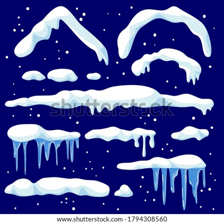 Snow Caps Icons Set, Snowballs and Snowdrifts Collection. Winter Snowy Decoration, Design Elements Isolated on Blue Background. Round and Triangle Roof Framing and Icicles. Cartoon Vector Illustration
