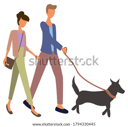 Man and woman walking with pet at marketplace isolated on white. Vector happy couple and dog on leash, choosing animal puppy on market, male and female