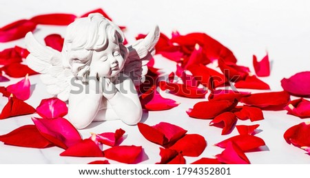 Cute angel and red rose petals on a white marble background. Theme of love. Valentine's day. Postcard for the holidays.