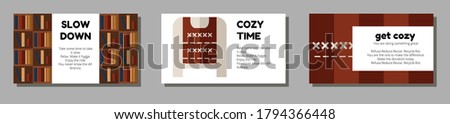 Rectangular leaflets 1980x1080 with cozy flat style vintage interior hygge symbols of recreation: books, sweater, wood, flame. Template for presentation, social media event cover, blog, ads. EPS 10