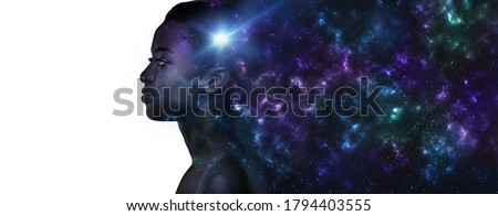 Universe inside us. Black woman profile with galaxy illustration over white background, panorama with copy space Royalty-Free Stock Photo #1794403555