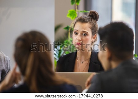 close up businesswoman listen carefully to discussion manager talking in meeting work room planning. women meeting teamwork.