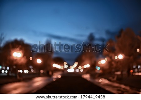 night in the park landscape, abstract view of the alley, trees and lights in the autumn blurred background