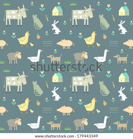 Cute seamless pattern with farm animals in vector