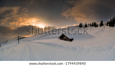 Snowy landscape with house buried in snow during sunset with frozen path Royalty-Free Stock Photo #1794439840