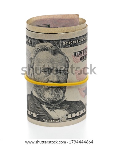 Bundle of rolled up american fifty dollar bills, banknotes, cash money roll isolated on white background