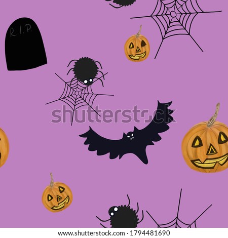 halloween seamless pattern. Pumpkins, rats, spiders, cobweb, gravestone on pink background. Print, packaging, wallpaper design