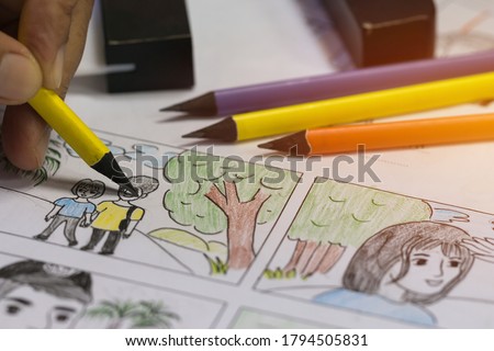 Creator Storyboard or storytelling drawing creative for movie process pre-production media films script for video editors, development cartoon illustration animation for production shooting