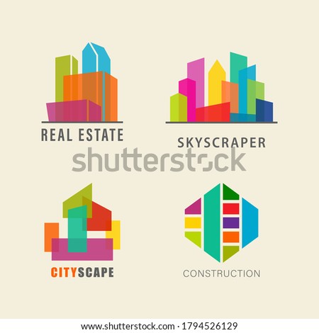 Real estate agency logo template. Abstract set Skyscraper sign. Icon building company. Graphic creative symbol architecture. Colorful creative design idea for logotype city. Vector illustration.