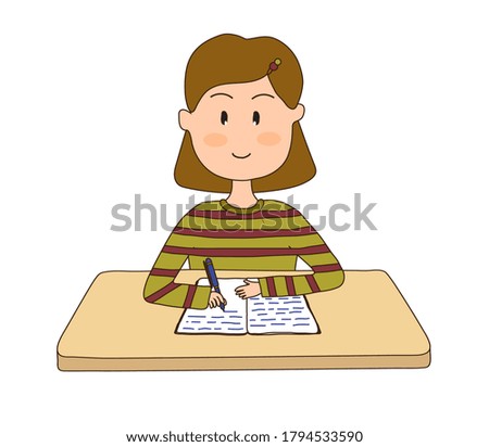 The girl sits at the table and writes in a notebook. Vector drawing.