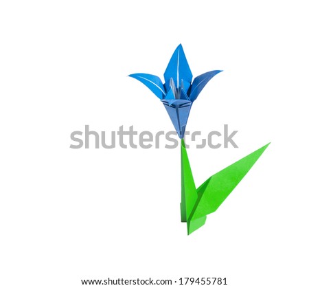 Blue origami flower lily isolated on white