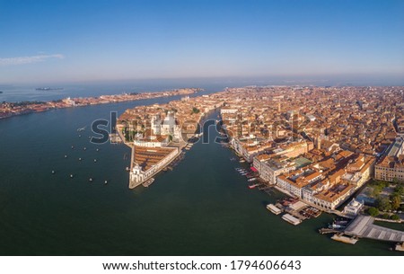 Venice from above with drone, Aerial drone photo of iconic and unique Saint Mark's square or Piazza San Marco featuring Doge's Palace, Basilica and Campanile, Venice, Italy. Europe