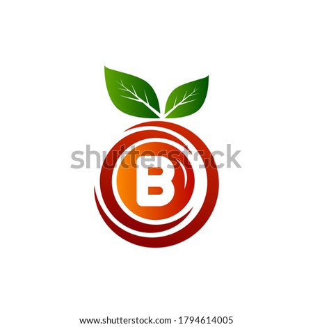 B letter fruit logo with green leaf and gradient.B Letter Orange logo design.B letter circle fruit logo design.Leaf and fruit logo with B letter