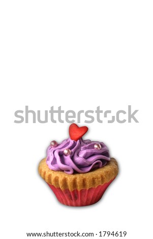 A single cupcake with butter icing and heartshaped decoration, isolated on white