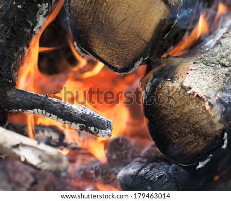  Closeup flame on burning wood in fireplace.