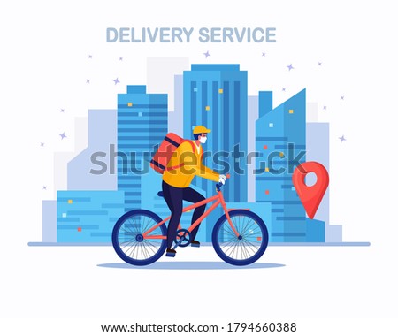 Free fast delivery service by bicycle. Courier delivers food order. Man in a respirator face mask with a parcel travels around the city. Prevention of coronovirus, Covid-19. Vector cartoon design
