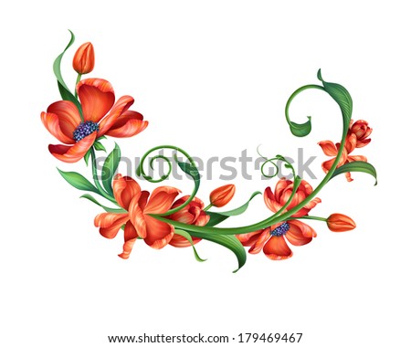 design element with abstract red blooming flowers, illustration,