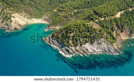 Aerial drone photo of paradise emerald and turquoise sandy beach of small Aselinos covered in pine trees in island of Skiathos, Sporades, Greece