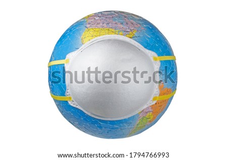A face mask (N95) putting on a world globe protecting the world from pollution and infectious diseases (closeup, isolated on white background) Royalty-Free Stock Photo #1794766993
