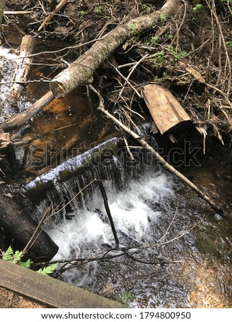 Image of water falling through a variety of sticks and rocks. 