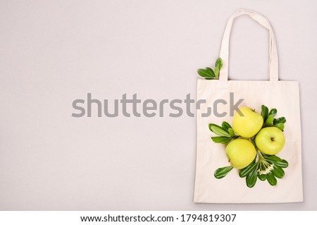 Textile bag for shopping, on a gray background. Eco household goods. The concept of recycling and reusable use. Apples and green leaves for decoration. Free space for text. Top view