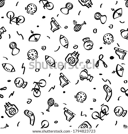 Seamless PAttern Doodle Drawn Collection Sport Hockey Dumbbell Cup Bicycle Medal Sketch Vector Design Style Background Healthy Lifestyle Fitness Illustration Icons