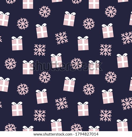 Christmas Pink on Navy Holiday present and snowflake seamless pattern background for website graphics, fashion textiles