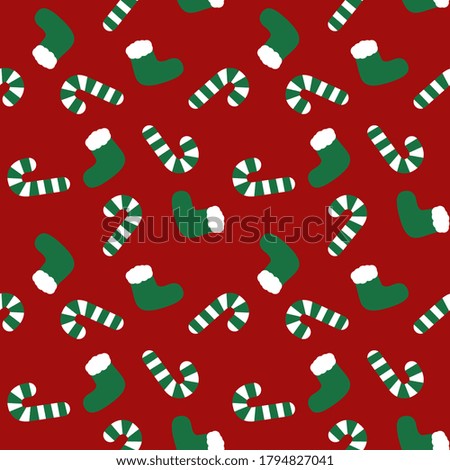 Christmas Holiday seamless stocking and candy cane pattern background for website graphics, fashion textiles