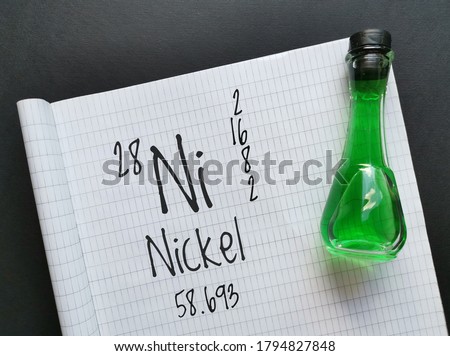 Nickel is a chemical element of the periodic table with the symbol Ni and atomic number 28. The symbol Ni with atomic data (number, mass, configuration) and green nickel aqueous solution in a flask.