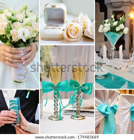 collage of wedding pictures decorations in turquoise, blue colors