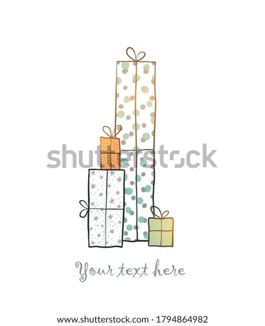 Greeting card with pile of gift boxes on white background and place for your text.