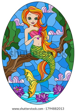 Illustration in stained glass style with cute cartoon mermaid ,sitting on a tree branch on a background of water and sky, in bright frame, oval image