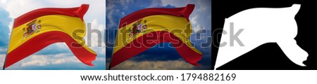 Waving flags of the world - flag of Spain. Set of 2 flags and alpha matte image. Very high quality mask without unwanted edge. High resolution for professional composition. 3D illustration.