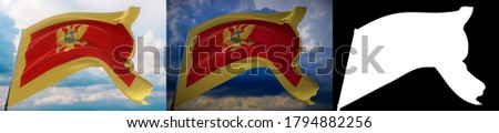 Waving flags of the world - flag of Montenegro. Set of 2 flags and alpha matte image. Very high quality mask without unwanted edge. High resolution for professional composition. 3D illustration.