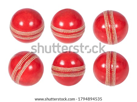 collection of leather Cricket ball hard thread stitch close-up isolated on white background red ball