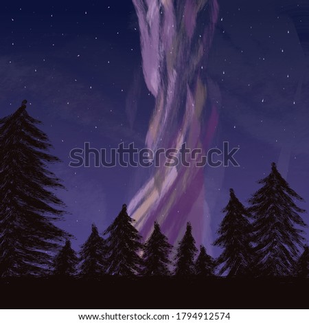 digital painting of milky way in the night sky and pine-trees, vector file.
