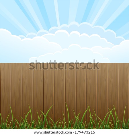 Wooden fence and grass on sky background, illustration.