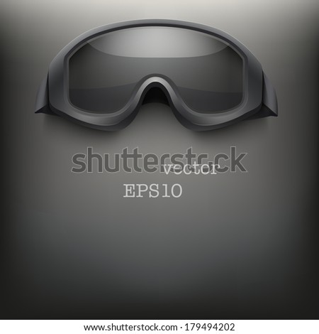Background of military or sport black goggles. Space for text. Vector illustration. Metal army symbol of defense and protection. Isolated on white background. Editable.