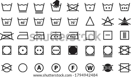Symbols of washable. Full icon set of laundry symbols, hand wash, washing machine, label, iron, caring. Icons for washing. Vector illustration. 