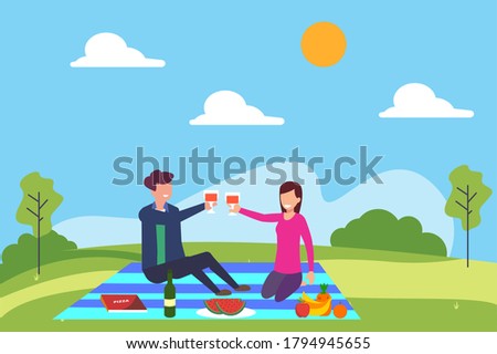 Picnic date vector concept: couple toasting their glasses of wine together while having a picnic