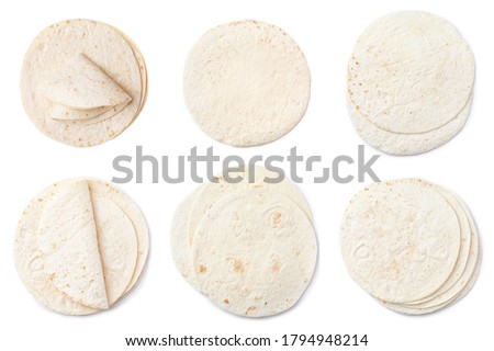 Set of corn tortillas on white background, top view Royalty-Free Stock Photo #1794948214