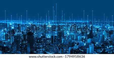 The modern creative communication and internet network connect in smart city . Concept of 5G wireless digital connection and internet of things future. Royalty-Free Stock Photo #1794958636