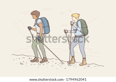 Travelling, tourism, mountaineering, activity, adventure concept. Young african american man and woman tourists characters couple hiking in mountains together. Active summer recreation illustration.