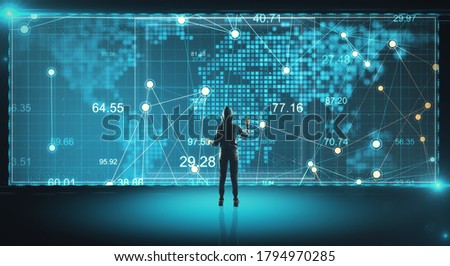 Hacker using digital world map hologram on virtual screen. Web safety and cyberspace concept