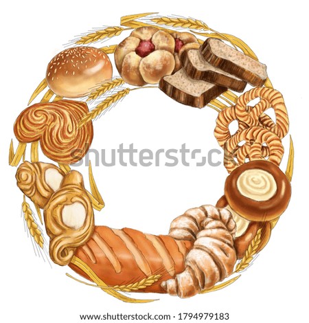 Illustration of different types of bakery products.
Lush soft bread.
Round composition.