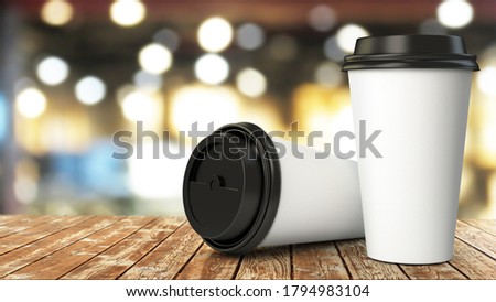 White paper coffee cup mockup on wooden shop table. 3D mock up for food packaging and branding